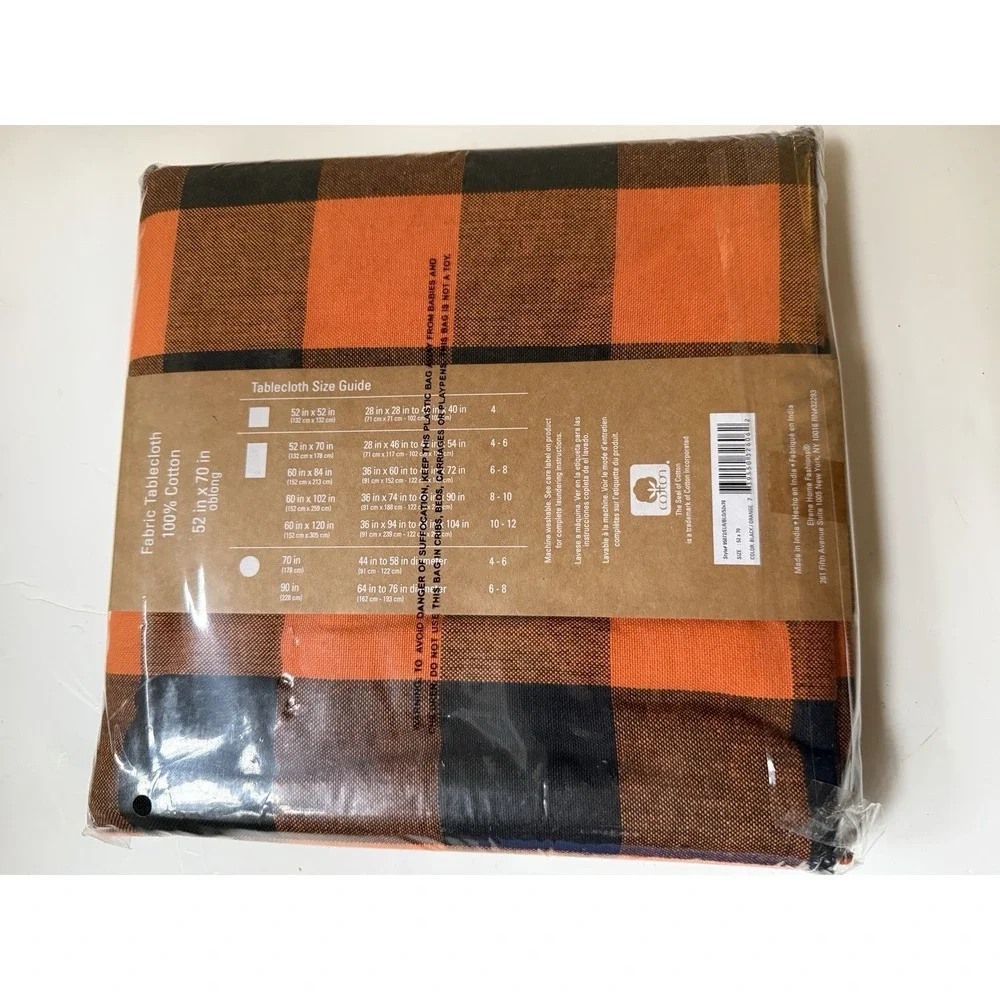 Elrene Farmhouse Tablecloth Orange & Black Buffalo Plaid Cotton 52 X 70